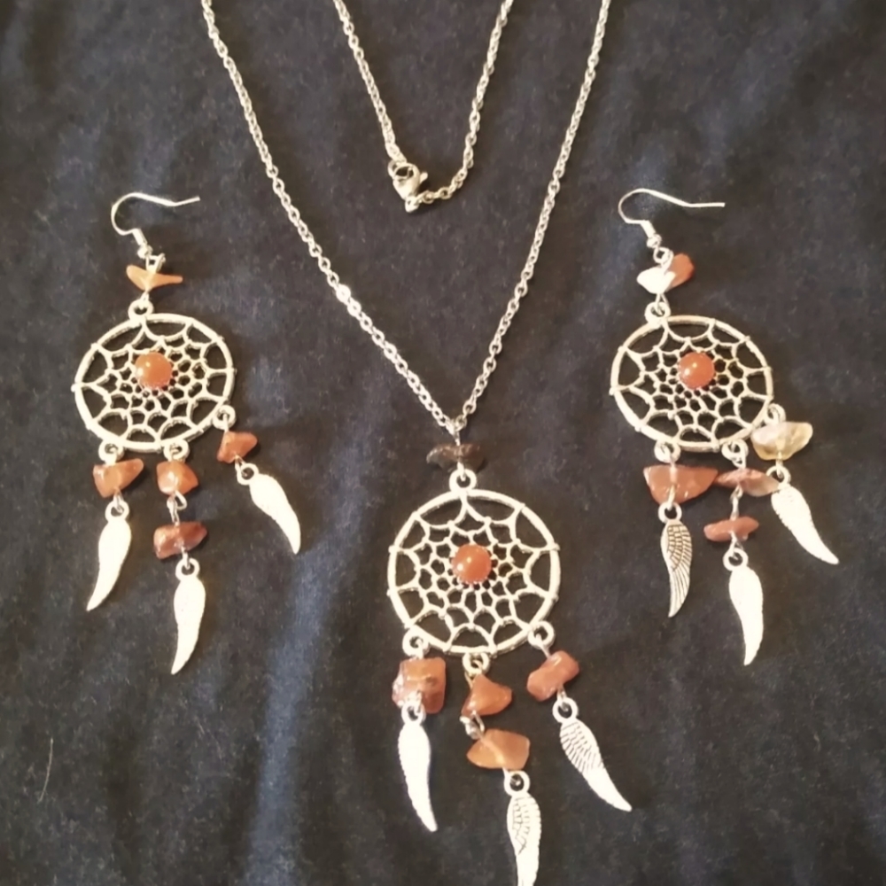 Natural Chip Amber Gem Stone Dreamcatcher Jewelry Collection  Earrings Necklace